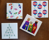 4" Square Ceramic Coasters with Holiday motifs including the @3 Kings, christmas light bilbs and balls with the Puerto Rico flag and a taino symbol Christmas tree.